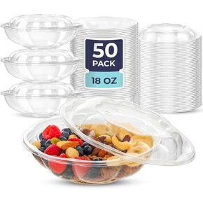 Fit Meal Prep 50 عبوة من أوعية سلطة بلاستيكية شفافة يمكن التخلص منها بوزن 32 أونصة مع أغطية محكمة الإغلاق، وأوعية سلطة كريستال للذهاب لتناول طعام الغداء، وحاويات طعام خالية من مادة BPA، وأوعية Acai لتناول الطعام في Uber، والحفلات، والتقطيع