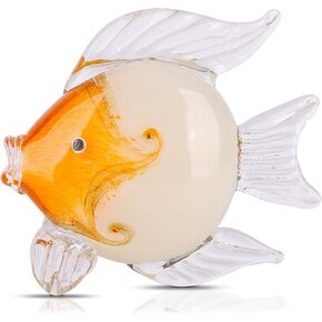 Large Glass Fish Figurines Hand Blown Glass Fish Statue and Sculpture Home Decor, Murano Animal Tropical Sea Glass Paperweights for Desk, Glass Aquarium Coastal Beach Decorative (Orange)
