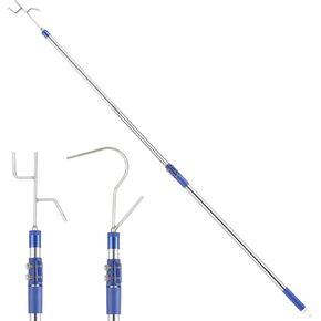 Clothes Hook Pole, 37" to 62" Extendable Closet Rod with Hook, Lightweight Telescoping Pole , Stainless Steel Tube S Hook for Reaching High Areas, Closet Extender for Hanging Clothe(With 2 hooks)