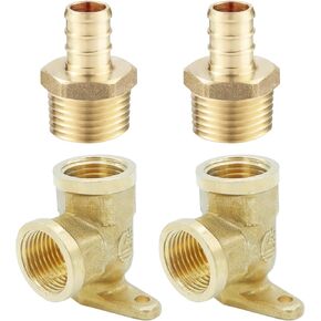Brass Pipe Fitting 90 Degree Drop Ear Elbow G1/2 Female X G1/2 Female with Male Adapter Brass Crimp Fitting, 2Pack