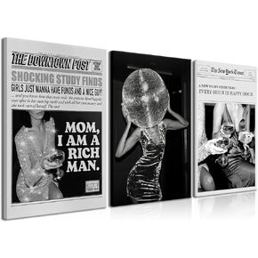 Black and White Canvas Wall Art Set of 3 - Disco Ball Tequila Fashion Poster Prints Wall Decor, Fashion Girl Wall Art for Living Room Bedroom Bathroom Home Decor - Framed 16x24''