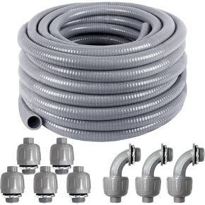 Liquid-Tight Conduit and Connector Kit 1/2inch 25ft, Flexible Non Metallic Liquid Tight Electrical Conduit UL Certification, Electrical Conduit Kit with 5 Straight, 3 Angle Fittings