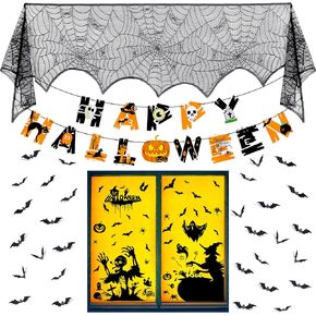 Halloween Decorations Indoor Set, 64 Pcs Halloween Party Decor Supplies-Happy Halloween Banner, Scary Window Clings, 3D Black Bat Sticker, Cobweb Fireplace Mantel Scarf for Wall Home Halloween Decor
