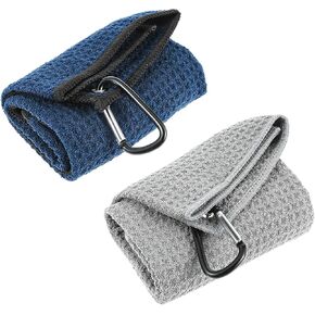 Giantree 2 Pcs Tri-fold Golf Towels, 11.8x11.8 Inches Absorbent Cleaning Towels Portable Microfiber Fabric Waffle Pattern Golf Towel with Carabiner Clip for Golf Bag(Black+Gray)