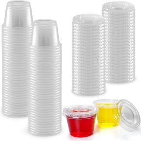 Simple Craft (4 Ounce, 50 Cups Clear Halloween Jello Shot Cups with Lids - Plastic Portion Cups - Condiment Containers - Disposable Jello Cups for Slime, Candies, Sauces, Salad Dressings, Puddings