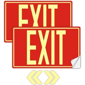 1Pack Photoluminescent Emergency Exit Only Sign Red- 14.25"x 7.5" Aluminum Glow In The Dark - Adhesive Backing- Includes 2pcs Removable Arrows