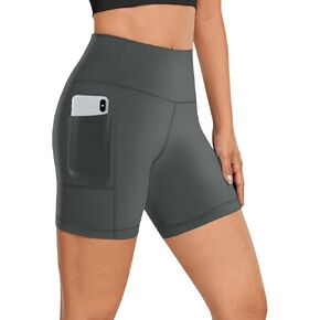 Womens 5" Biker Shorts with Pocket High Waisted Spandex Yoga Shorts Compression Workout Athletic Tummy Control Gym Short Leggings Volleyball Bicycle Run Cycling Exercise Stretchy Tights Grey