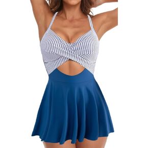 Women Cutout One Piece Skirt Swimsuit V Neck Wrap Tie Back Swimwear Tummy Control Bathing Suits