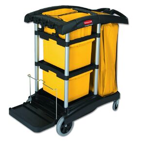 Rubbermaid Commercial Housekeeping Cart with Yellow Bins and Zippered Yellow Bag, Black, FG9T7300BLA