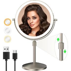 8" Lighted Makeup Mirror, 1X/10X Magnification Mirror with Lights, Double Sided Dimmable Mirror, Rechargeable & Brightness & Height Adjustable, Cordless Vanity Mirror(Gold)