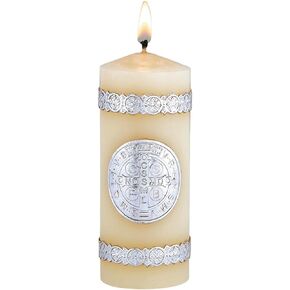 Saint Benedict Devotional Candle with Gold Details, 100% Paraffin Wax, Hand-Decorated, 2" Diameter x 4 ¾ Inch Height