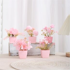5 Pcs Pink Simulated Flowers Indoor with Pot, Mini Potted Plants for House Office Tabletop Decoration, Small Artificial Plants Arrangement Outdoor Decoration (B)