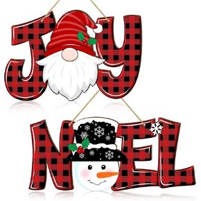 2 Pieces Christmas Joy Noel Letter Door Sign Decorations, Christmas Wooden Wall Decor Gnome and Snowman Signs Red Buffalo Plaid Ornaments Hanging Plaque for Xmas Party Winter Home Holiday in Kuwait