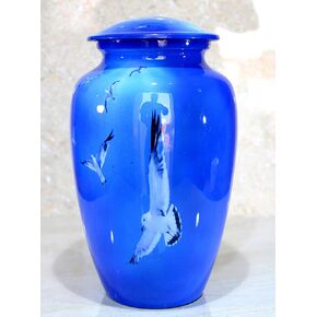 eSplanade Metal Cremation Urn Memorial Jar Pot Container | Full Size Urn for Funeral Ashes Burial | Seagull Printed Urn | Blue - 10" Inches
