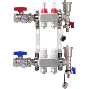 2-Branch Radiant Heat Manifold,Stainless Steel PEX Manifold with Compatible Outlets for Hydronic Radiant Floor Heating (1/2" Adapters included)