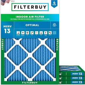 Filterbuy 15x20x1 Air Filter MERV 13 Optimal Defense (4-Pack), Pleated HVAC AC Furnace Air Filters Replacement (Actual Size: 14.50 x 19.50 x 0.75 Inches)