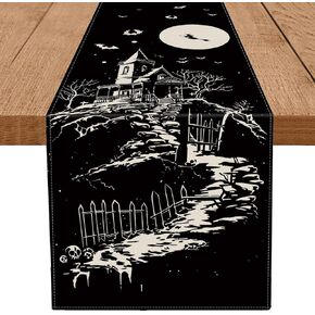 Halloween Table Runner Haunted House Witch Spooky Village Gothic Runner for Table Decoration Seasonal Holiday Kitchen Dining Table Home Party Decor 13x72 Inch