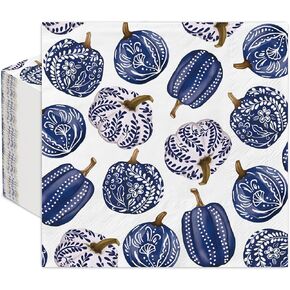 AnyDesign 80Pcs Fall Pumpkin Napkins Chinoiserie Pumpkin Disposable Napkins Blue White Pumpkin Paper Luncheon Napkins for Autumn Thanksgiving Home Party Supplies