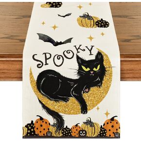 Artoid Mode Pumpkins Black Cat Spooky Halloween Table Runner, Moon Kitchen Dining Table Decoration for Home Party Decor 13x90 Inch