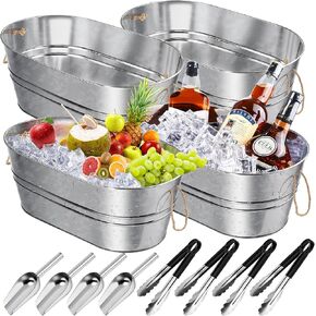 4 Pieces Metal Galvanized Beverage Tubs with Handles Cold Beer Insulated Drink Tub with 4 Ice Scoop and 4 Stainless Steel Tongs Stainless Steel Finish Drink Chiller for Parties