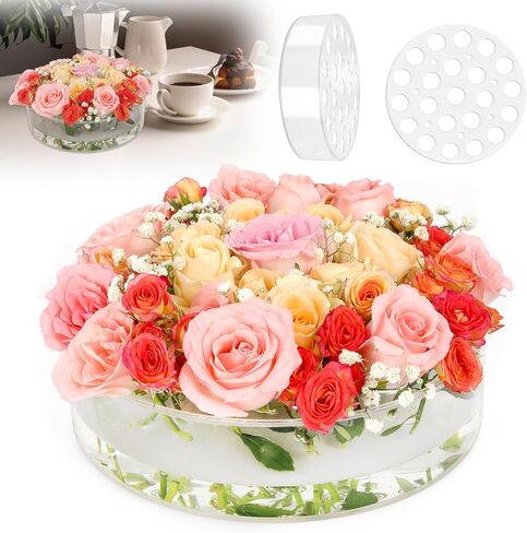 6 Inch Acrylic Flower Vase for Wedding Centerpieces Round, Circular Clear Wide Low Floral Vases with 7 Large + 6 Small Holes for Dining Table Home Birthday Party Flower Arrangement in Kuwait