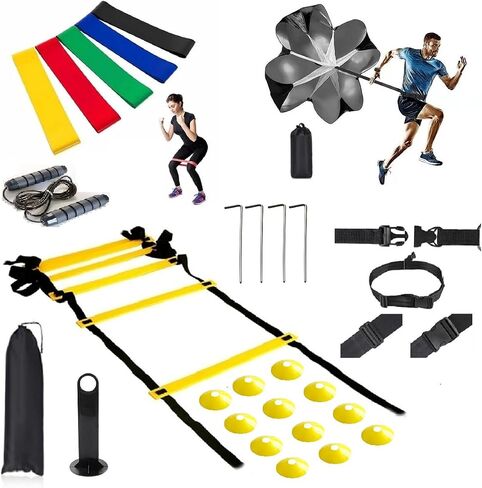 Agility Ladder Training Set for Football Footwork, Speed Training, Resistance Parachute for Stamina, Strength Exercise, 12 Disc Cones, 4 Steel Stakes, 5Pcs Resistance Bands, 1 Skipping Rope, (Orange) in Saudi Arabia