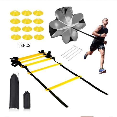Agility Ladder Training Set for Football Footwork, Speed Training, Resistance Parachute for Stamina, Strength Exercise, 12 Disc Cones, 4 Steel Stakes, 5Pcs Resistance Bands, 1 Skipping Rope, (Orange) in Saudi Arabia