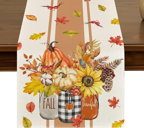 Fall Gnomes Table Runner 13x72 Inch Seasonal Harvest Autumn Thanksgiving Pumpkins Sunflower Leaves Kitchen Dining Table Decor for Indoor Outdoor Home Party Decoration ZQ32 in Saudi Arabia