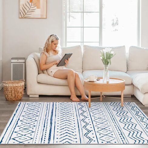 6x9 Rug for Living Room - Black Washable Area Rugs Non-Slip Soft Area Rugs for Bedroom Ultra-Thin Stain Resistant Rugs for Dining Room, Moroccan Print Indoor Rug for Office (Black, 6'x9') in Saudi Arabia