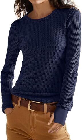 GRECERELLE Waffle Knit Long Sleeve Shirts for Women Crew Neck Slim Fitted Going Out Tops Y2k Outfits in Saudi Arabia
