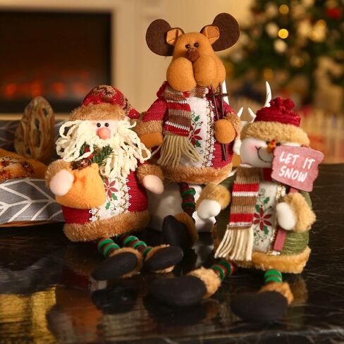 Sumind 3 Pieces Christmas Sitting Santa Claus Snowman Reindeer Christmas Ornament Long Legs Table Fireplace Decor Home Decoration Christmas Figurines Plush in Saudi Arabia