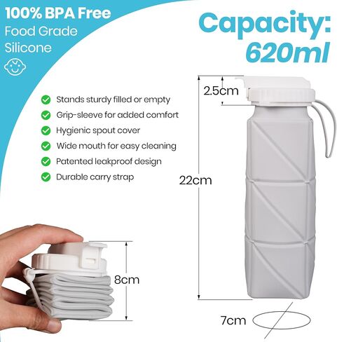 600ml Collapsible Travel Water Bottle - Lightweight and Folding Food-Grade BPA-Free Silicone Water Bottle for Sports, Camping and Hiking (Grey) in Saudi Arabia