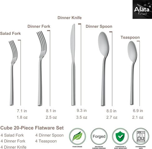 Alata Cube Black 20-Piece Forged Silverware Set Stainless Steel Flatware Set,Service for 4,Matte Satin Polished Cutlery Set,Dishwasher Safe in Saudi Arabia