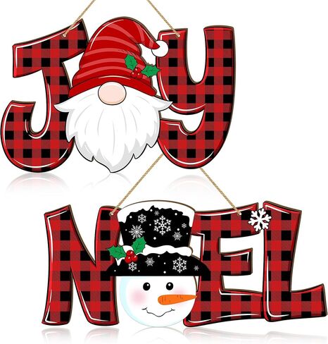 2 Pieces Christmas Joy Noel Letter Door Sign Decorations, Christmas Wooden Wall Decor Gnome and Snowman Signs Red Buffalo Plaid Ornaments Hanging Plaque for Xmas Party Winter Home Holiday in Kuwait