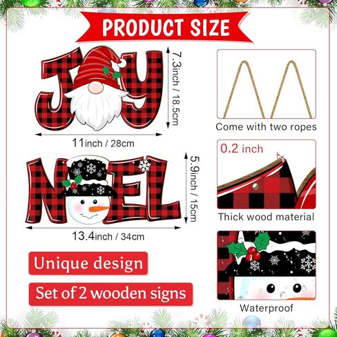 2 Pieces Christmas Joy Noel Letter Door Sign Decorations, Christmas Wooden Wall Decor Gnome and Snowman Signs Red Buffalo Plaid Ornaments Hanging Plaque for Xmas Party Winter Home Holiday in Kuwait