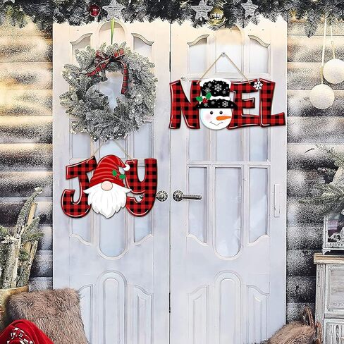 2 Pieces Christmas Joy Noel Letter Door Sign Decorations, Christmas Wooden Wall Decor Gnome and Snowman Signs Red Buffalo Plaid Ornaments Hanging Plaque for Xmas Party Winter Home Holiday in Kuwait