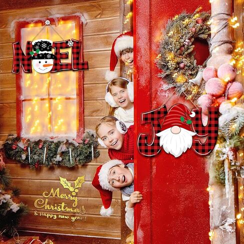 2 Pieces Christmas Joy Noel Letter Door Sign Decorations, Christmas Wooden Wall Decor Gnome and Snowman Signs Red Buffalo Plaid Ornaments Hanging Plaque for Xmas Party Winter Home Holiday in Kuwait