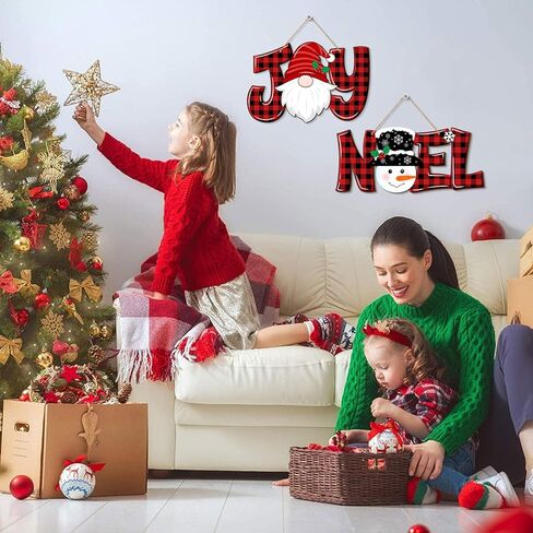 2 Pieces Christmas Joy Noel Letter Door Sign Decorations, Christmas Wooden Wall Decor Gnome and Snowman Signs Red Buffalo Plaid Ornaments Hanging Plaque for Xmas Party Winter Home Holiday in Kuwait