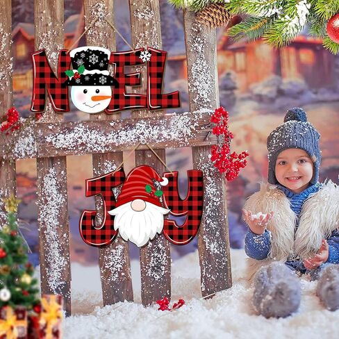 2 Pieces Christmas Joy Noel Letter Door Sign Decorations, Christmas Wooden Wall Decor Gnome and Snowman Signs Red Buffalo Plaid Ornaments Hanging Plaque for Xmas Party Winter Home Holiday in Kuwait