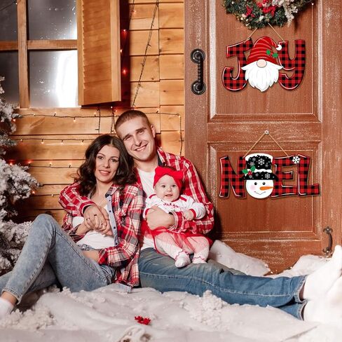 2 Pieces Christmas Joy Noel Letter Door Sign Decorations, Christmas Wooden Wall Decor Gnome and Snowman Signs Red Buffalo Plaid Ornaments Hanging Plaque for Xmas Party Winter Home Holiday in Kuwait