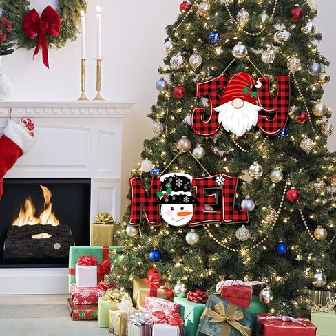 2 Pieces Christmas Joy Noel Letter Door Sign Decorations, Christmas Wooden Wall Decor Gnome and Snowman Signs Red Buffalo Plaid Ornaments Hanging Plaque for Xmas Party Winter Home Holiday in Kuwait