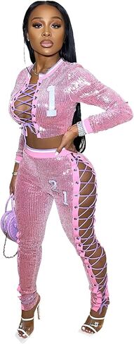 Recious Womens Sexy 2 Pieces Lace Up Sequins Tops T-shirts Bodycon Pants Party Clubwear Tracksuit Outfits Set in Saudi Arabia