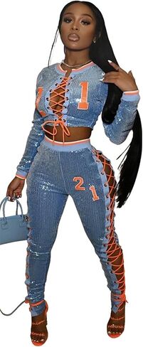 Recious Womens Sexy 2 Pieces Lace Up Sequins Tops T-shirts Bodycon Pants Party Clubwear Tracksuit Outfits Set in Saudi Arabia
