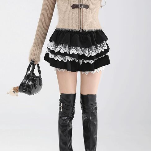 Kawaii لوليتا القوطي المتناثرة نمط عارضة مرونة الخصر لطيف Skort الطبقات الدانتيل تقليم المتدرج تنورة السراويل in Saudi Arabia