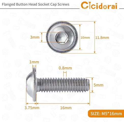 M5-0.8 x 25mm Flanged Button Head Socket Cap Screws Bolts, 304 Stainless Steel, Allen Socket Drive, Bright Finish, Full Machine Threads, Quantity 50 in Kuwait