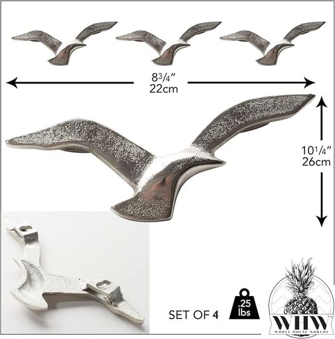 WHW Whole House Worlds Americana Flock of Flying Sea Gulls، مجموعة من 4، منحوتة حائط، مصنوعة يدويًا، ألومنيوم فضي مصبوب، 8.25 عرض in Kuwait