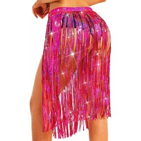 Aukmla Women Sparkly Sequin Tassel Skirt Belly Dance Hip Scarf Festival Fringe Wrap Skirts