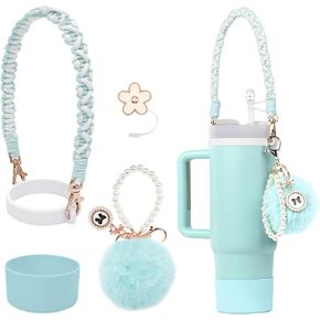 BELSITA Stanley Cup Accessories Set, Pom Pom Pearl Chain Braided Design Water Bottle Handle Strap, Silicone Stanley Cup Boot, Stanley Charms for Stanley Cup 30/40oz Tumble