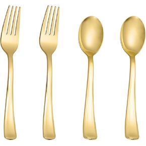 N9R 100 Pieces Gold Plastic Silverware -Gold spoons and Forks set, 50 Gold Plastic Forks and 50 Gold Plastic Spoons, Heavy Duty Plastic Cutlery set for Parties, Catering, Dinners, Weddings