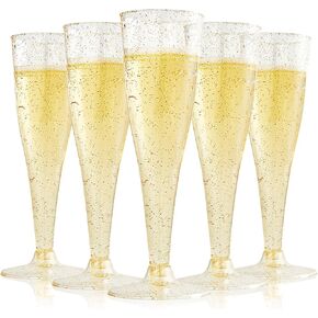 FOCUSLINE 100 Pack Plastic Champagne Flutes, 4.5 Oz Gold Glitter Plastic Champagne Glasses, Disposable Clear Toasting Glasses Recyclable Plastic Champagne Cups for Wedding Party in Saudi Arabia
